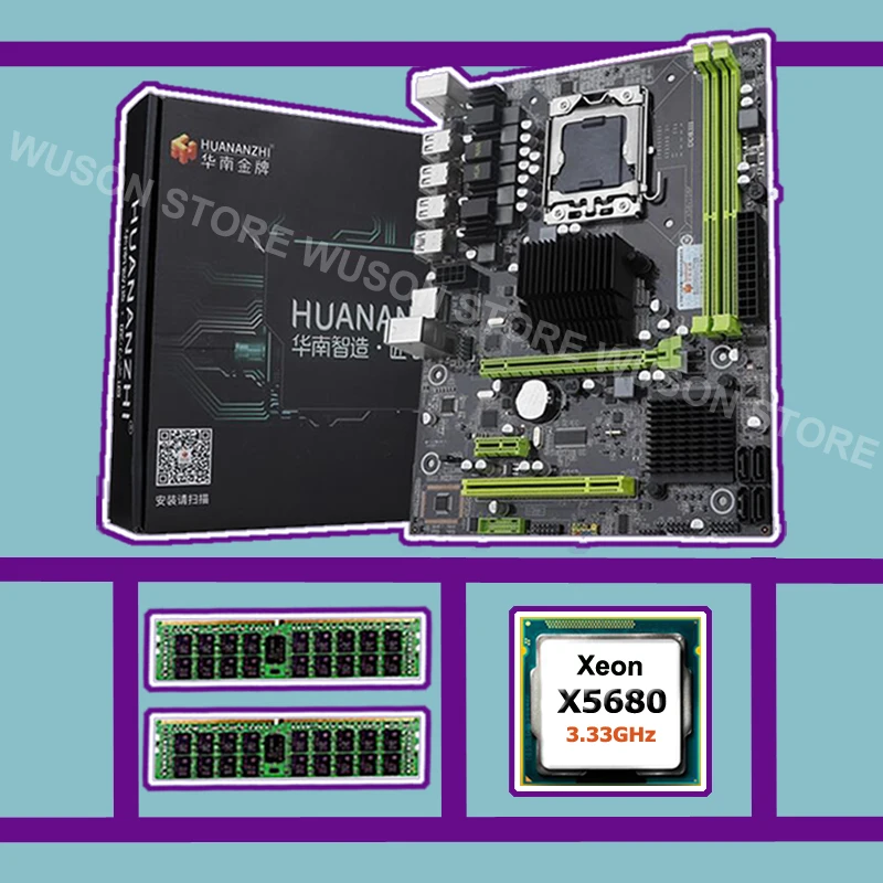 X58 LGA1366 خصم اللوحة هوانان تشى X58 برو اللوحة مع وحدة المعالجة المركزية إنتل زيون X5680 3.33 GHz RAM (2 * 16G) 32G DDR3 REG ECC