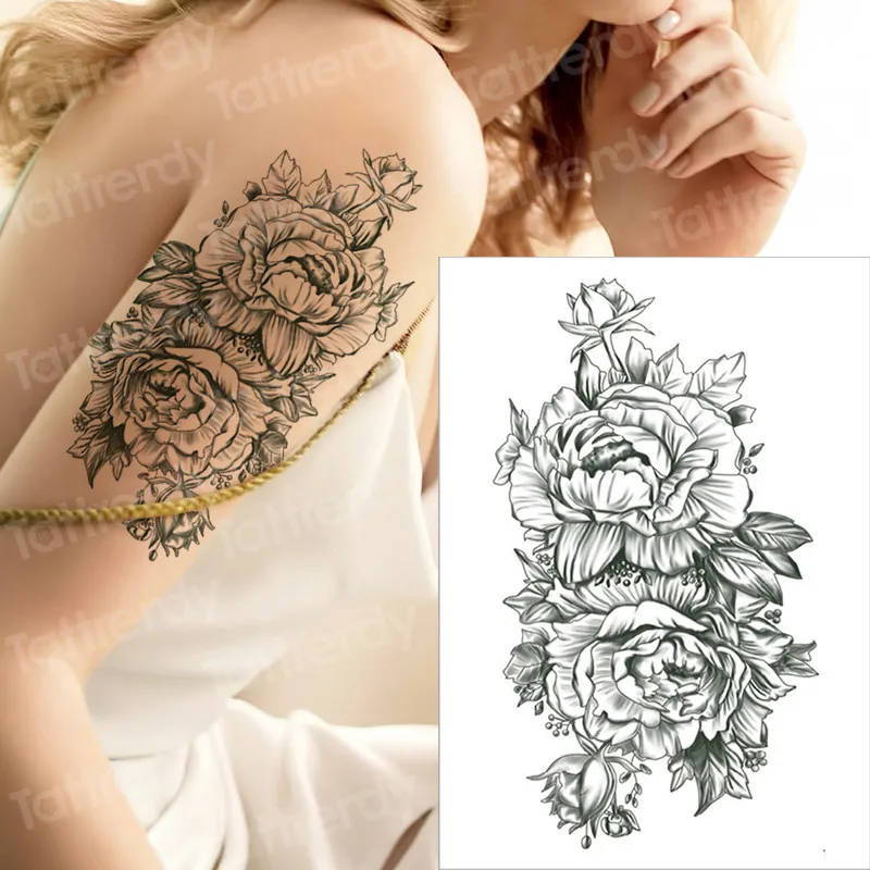 Черная Большая татуировка в форме цветка водостойкий боди-арт временная Сексуальная рука бедра татуировки для женщин флэш тату наклейки