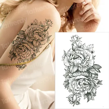 

Black big flower tattoo Body Art Waterproof Temporary Sexy arm thigh tattoos For Women Flash Tattoo Stickers rose peony eye girl