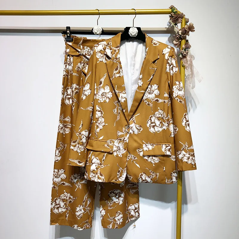 

[EWQ] 2019 Spring Autumn New Pattern V-collar Long Sleeve Print Coat High Waist Pants Two Piece Set Women Fashion Tide AG53503La