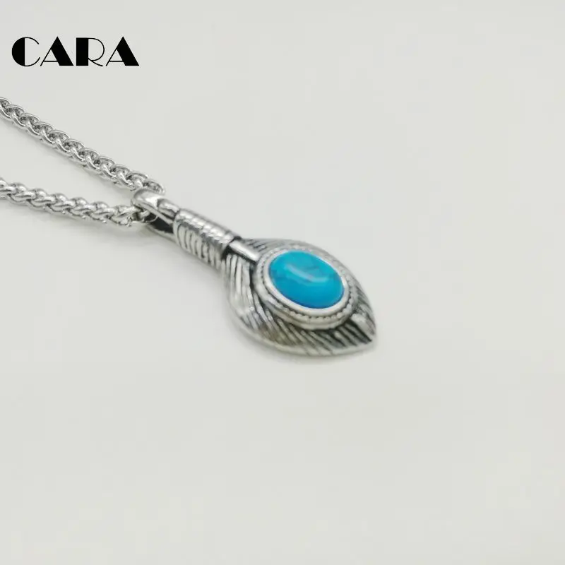 

New Vintage silver small Featherhip hop necklace stainless steel Indian style blue stone feather necklace with box CAGF0439