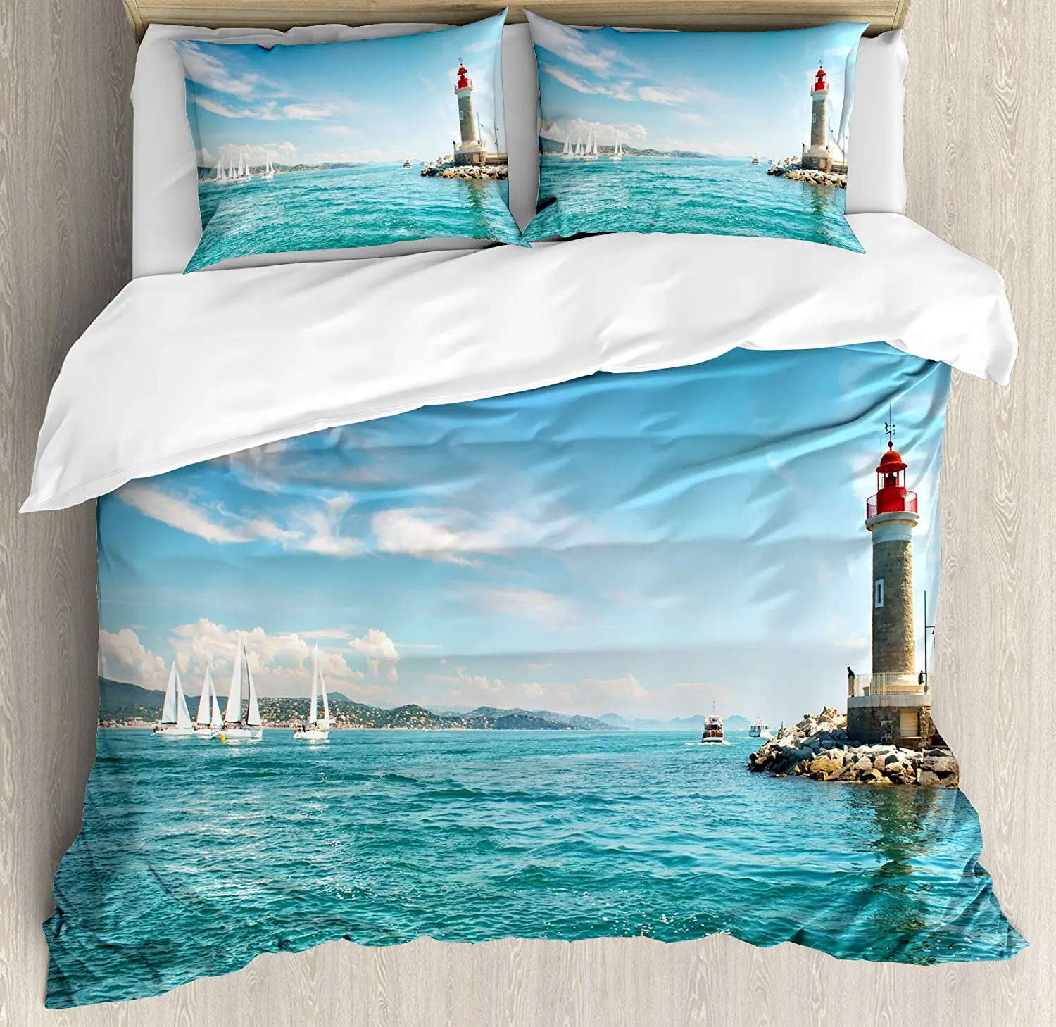 

Lighthouse Duvet Cover Set King Size Day by The Seaside Sailboats Lighthouse Rocks Clear Sea Clouds Island Seascape Decorative 4