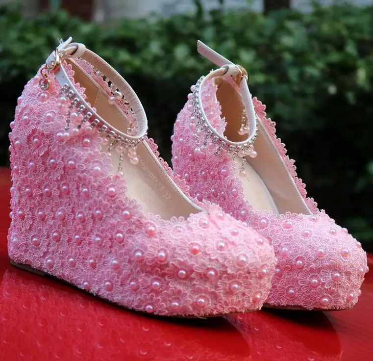 BaoYaFang/Новые белые/розовые свадебные туфли на танкетке со шнуровкой женские туфли на высоком каблуке 11 см модные женские туфли-лодочки с ремешком на щиколотке для подружки невесты - Цвет: Розовый