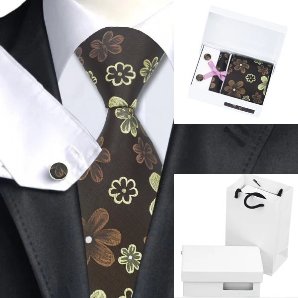 Mens Silk Ties Brown Gold Floral Necktie Hanky Cufflinks Gift Box Bag