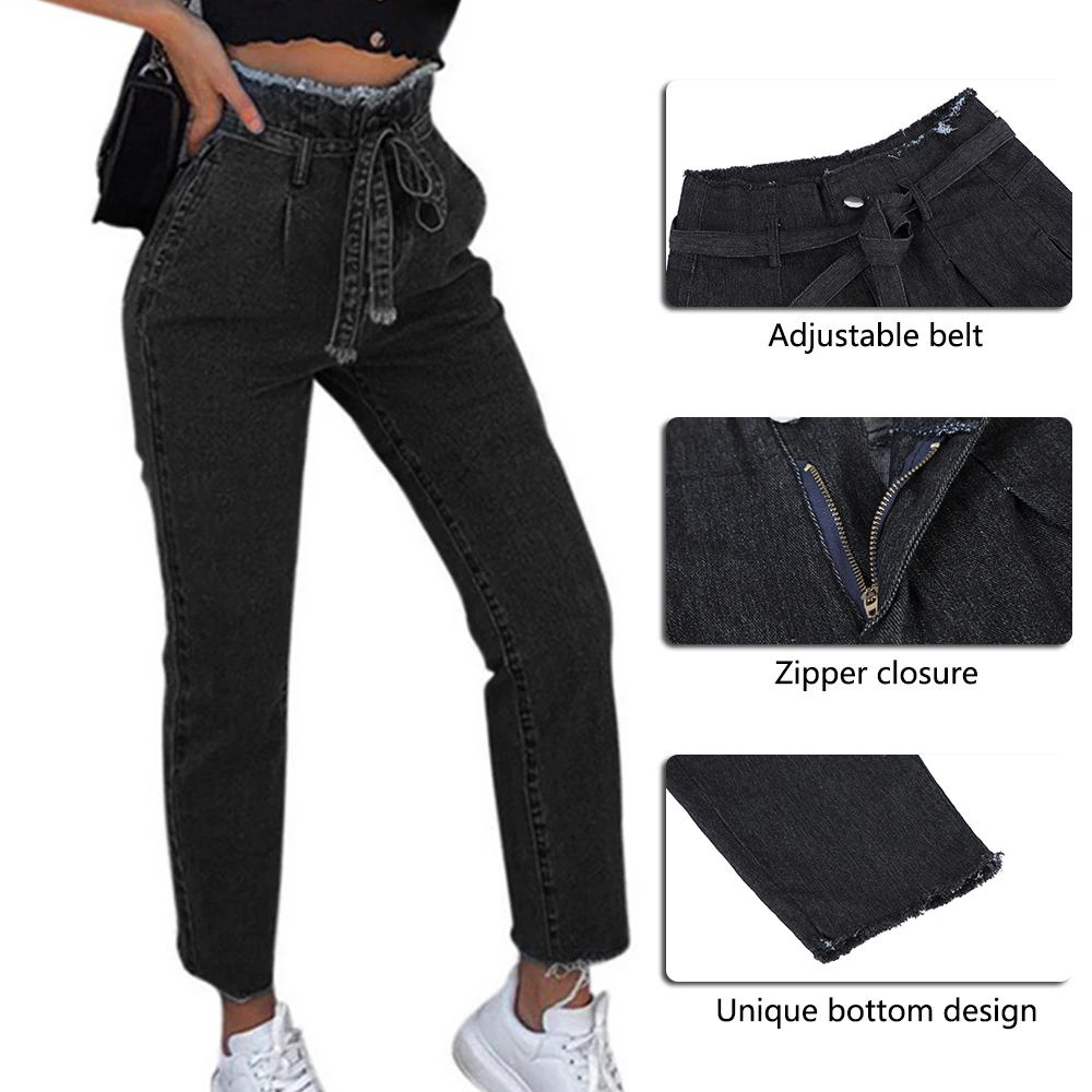 LASPERAL, женские винтажные джинсы, высокая талия, пояс, стрейч, обтягивающие, джинсовые, женские, с кисточками, узкие брюки, на молнии, заусенцы, полные штаны