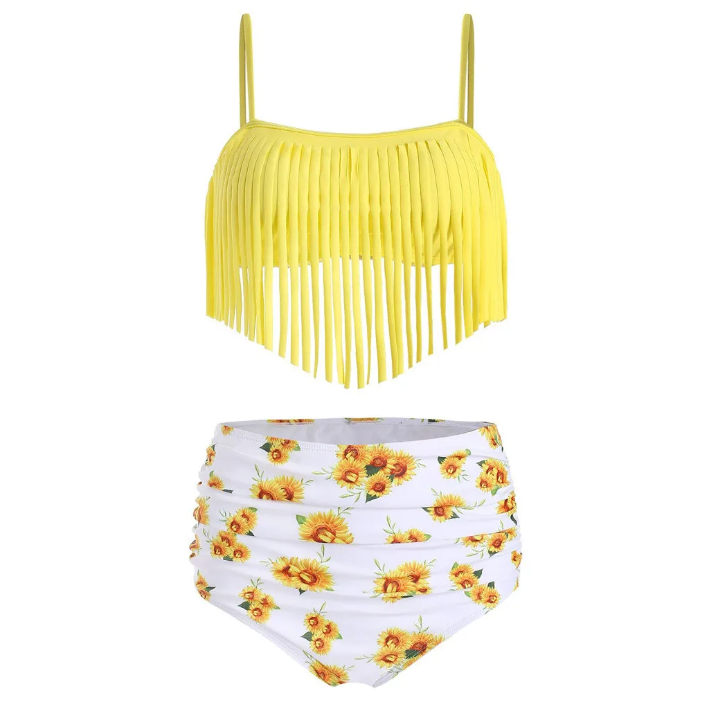 Сексуальный женский купальник из двух частей, купальные костюмы с кисточками, топ с оборками и высокой талией, Цветочный комплект бикини# C