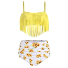 Сексуальный женский купальник из двух частей, купальные костюмы с кисточками, топ с оборками и высокой талией, Цветочный комплект бикини# C