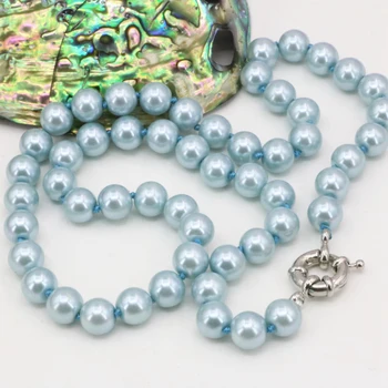 

Fashion women statement chain necklace light sky blue 8mm shell round beads simulated-pearl clavicle choker jewelry 18inch B3217
