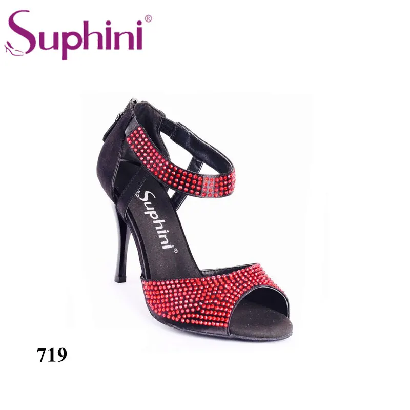 Красная женская обувь для выпускного вечера с кристаллами; обувь для вечеринок с ремешком на щиколотке для сальсы, латинских танцев, танцев, танго; обувь на каблуке Suphini Tango