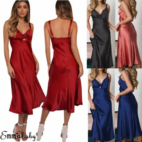 Сексуальное женское вечернее платье без рукавов с v-образным вырезом, шелковая атласная пижама, длинные халаты, Ночная одежда, платье черного, синего, розового, Красного PurpleS-2XL
