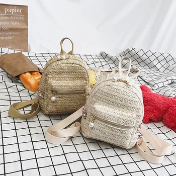 

AUAU-Straw Backpack Women Bag Small Fashion Stripe Woven Backpacks Girl Backpack For Teenage Youth Back Pack National Wind