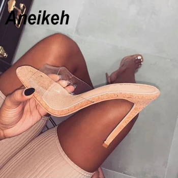 

Aneikeh 2019 Concise PVC New Ladies Slipper Women Transparent Square Head Outer Open Toe Shallow Thin High Heel Slippers Apricot