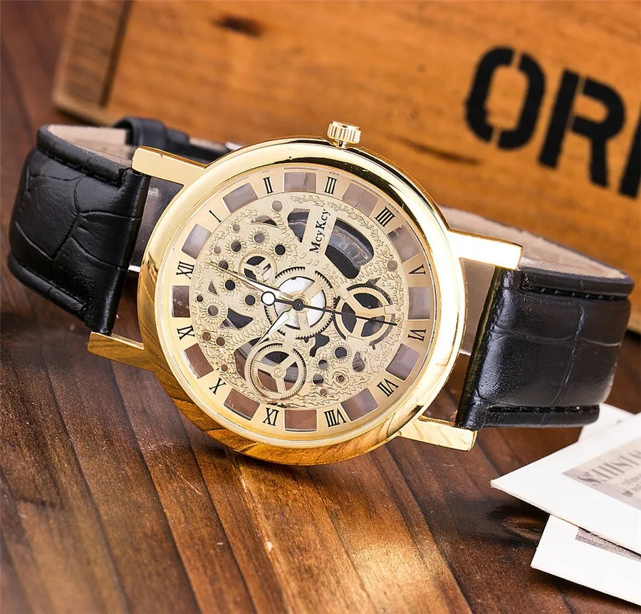 2016 Fashion Quartz Skeleton Watch font b Men b font Style Brand transparent Hollow Business Dress