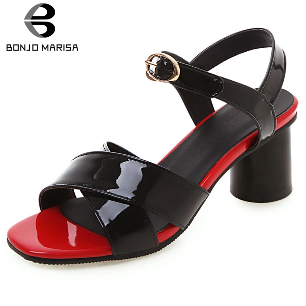 

BONJOMARISA New Dropship Patent Pu Sandals Women 2019 Summer Large Size 31-43 Elegant mixed-color Women High Heels Shoes Woman