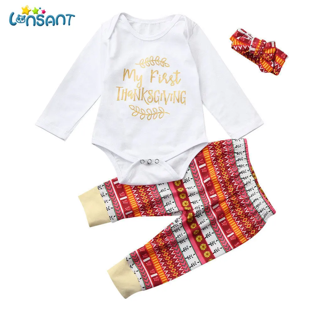 

LONSANT Winter Newborn Infant Baby Boy Girl Letter Romper Long Sleeve Tops+Pants White Thanksgiving Outfits Set