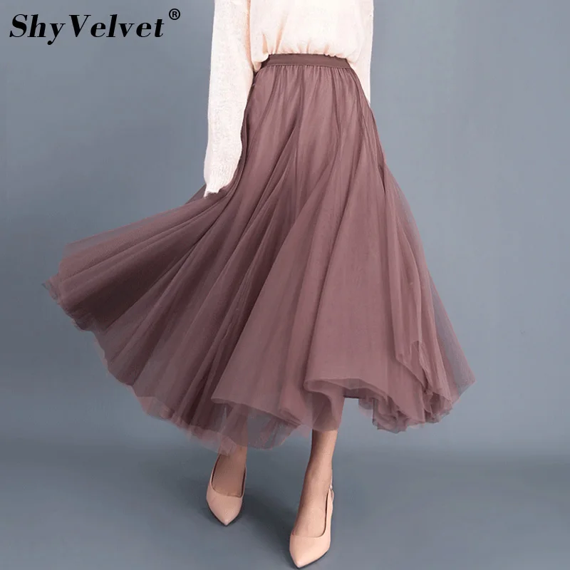 Осенне-зимняя фатиновая юбка, плиссированная длинная юбка макси, Женская юбка Jupe, серая, коричневая, розовая, черная, элегантная юбка-пачка с высокой талией для взрослых, сетчатая юбка