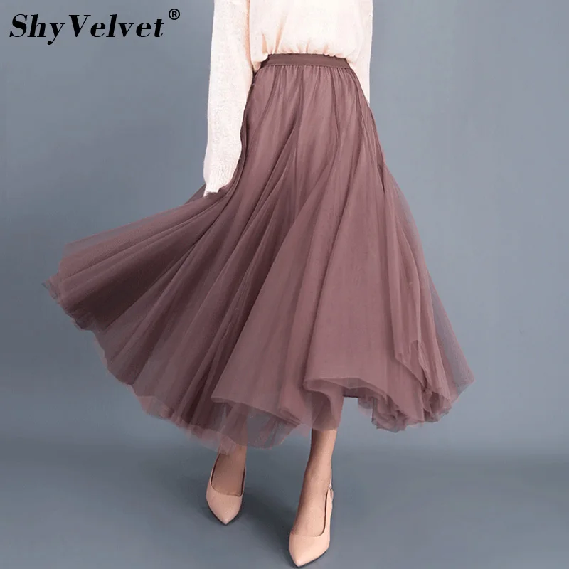 

Autumn Winter Tulle Skirt Pleated Long Maxi Skirts Womens Jupe Grey Brown Pink Black Elegant High Waist Tutu Adult Mesh Skirt
