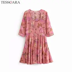 TESSCARA женское летнее Повседневное платье Festa женский винтажный v-образный вырез дизайнерский халат Высокое качество богемный стиль