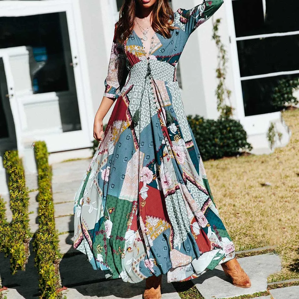 

Women's Half-Sleeve Dresses Button Printing Long Dress Princess Dress vestidos mujer DouDouLu