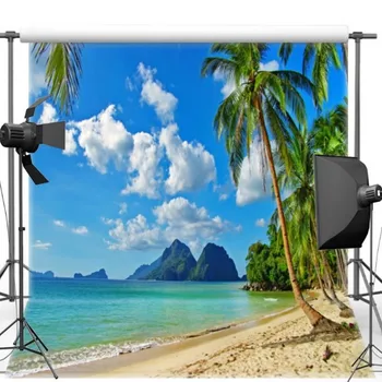 

Blue Sky White Clouds Mountain Palm Tree Ocean Sea Beach Backgrounds Vinyl cloth High quality Computer print wall backdrops