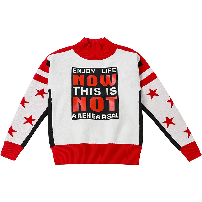 

Women Long Sleeve Turtleneck Sweater Street Style Loose Letter Print Pullovers Women High Quality Personality Knitting Tops Y636