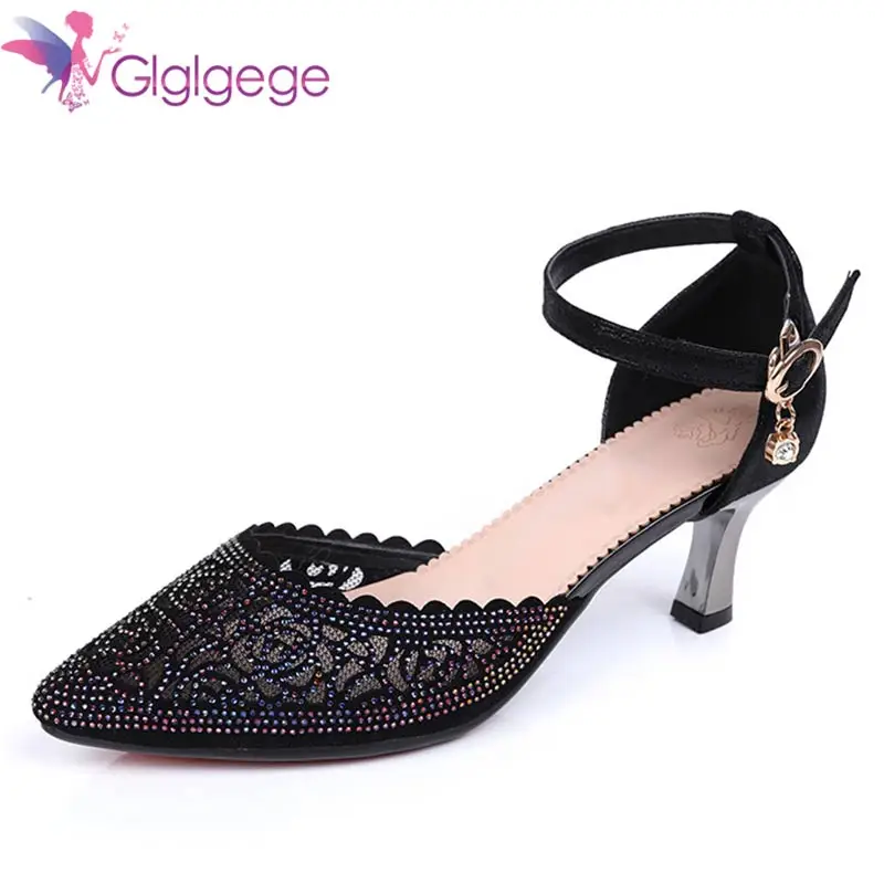 

Glglgege 2018 Spring And Summer New Leather Mesh Female Large Size 42 High Heel Rhinestone Hollow Shoes Breathable Lace Pumps
