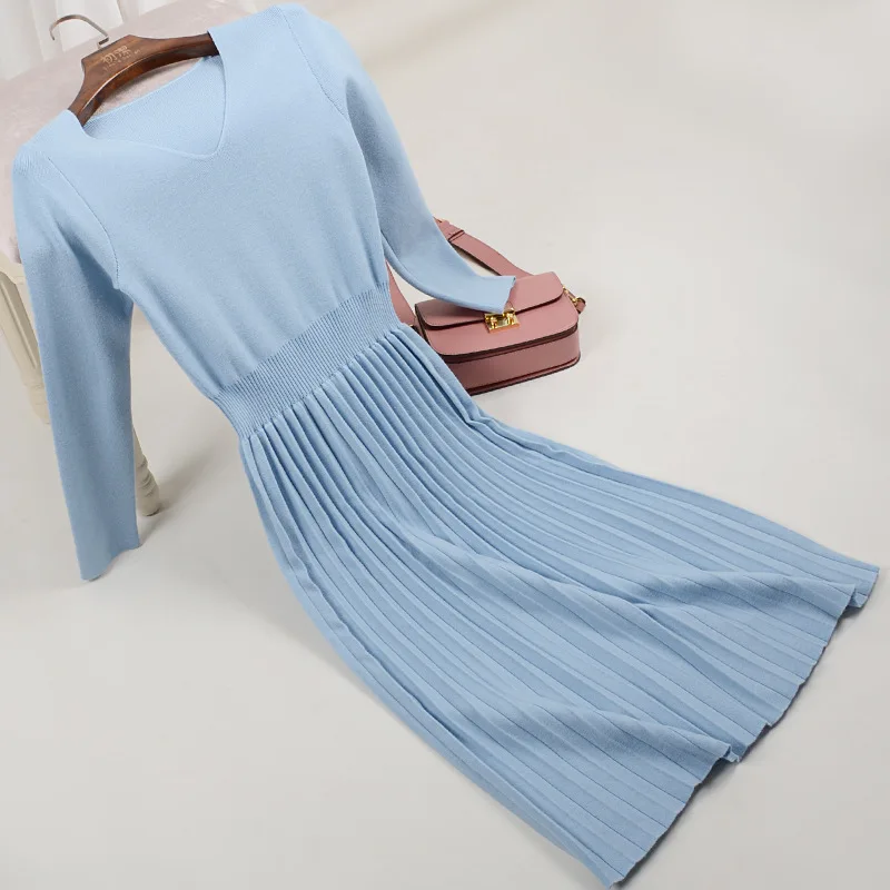 

New knitting pleated dress long sleeved accept waist pleated dress knitting sweater knit dress lady