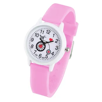 

Cute Bicycle Patterns Dial Watch for Children Concise Pink Silicone Quartz Watch Movement for Child Minimalist Style Wristwatch