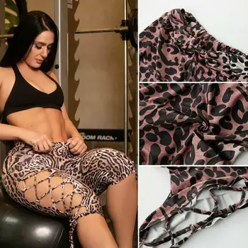 

2019 Newest Hot High Waist Knee Length Hollow Out Fitness Leggings Womens Gym Workout Push Up Trousers Leopard Printed Pants