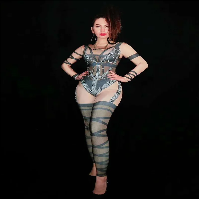 

X93 Ballroom dance stage costumes female printing bodysuit dj diamonds jumpsuit pole dance dress clothe bar outfit perform wears