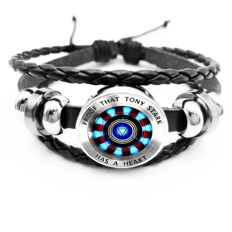 

New hot sale2019 Hot Movie Around Iron Man, Tony Starck Black Leather Bracelet Rotating Glass Dome Bracelet Wholesale