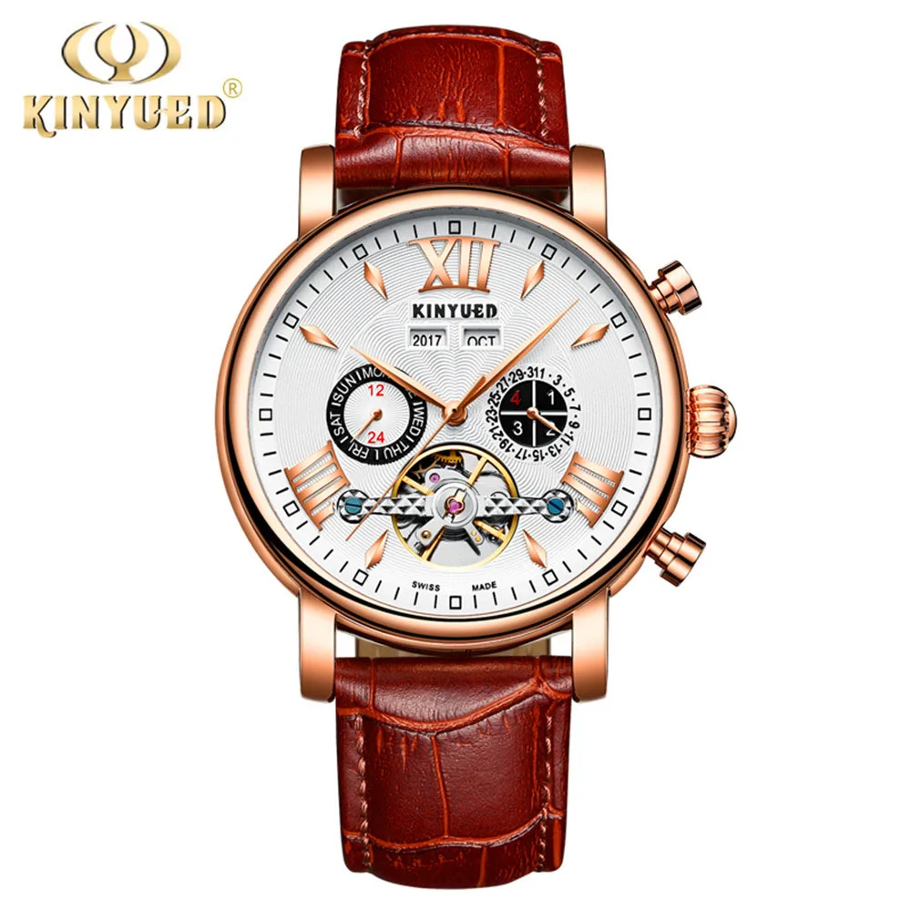 KINYUED Mens Skeleton Tourbillon Mechanical Watch Automatic Classic Rose Gold Leather Mechanical Wrist Watch Black