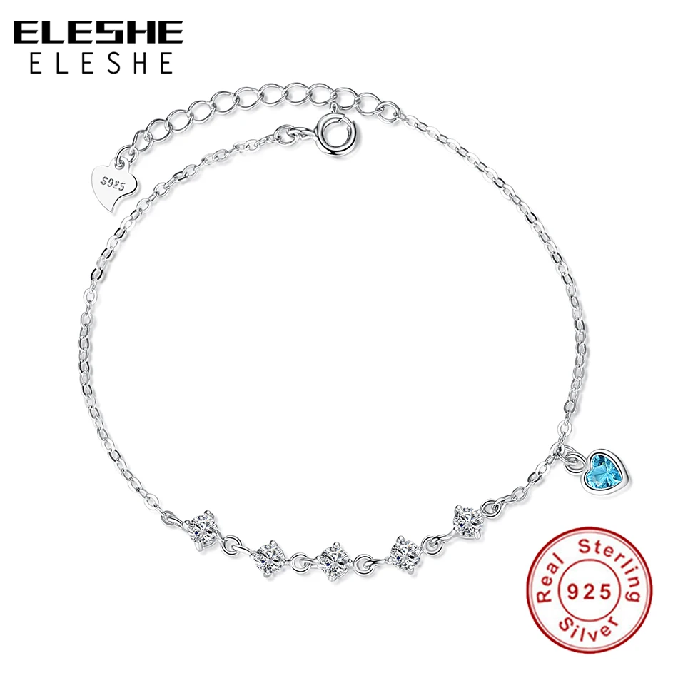 ELESHE 925 Sterling Silver Fashion Jewelry Silver Crystal Heart Charm Bracelets & Bangles Blue Rhinestone Bracelets For Women