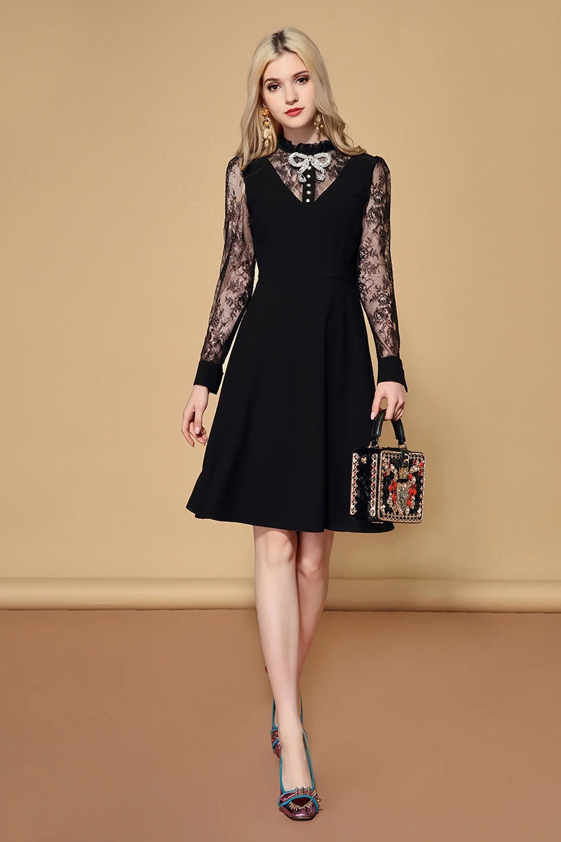 LD LINDA делла осеннее подиумное однотонное черное платье vestidos женское элегантное платье с длинным рукавом и цветочным кружевом в стиле пэчворк с хрустальным бантом