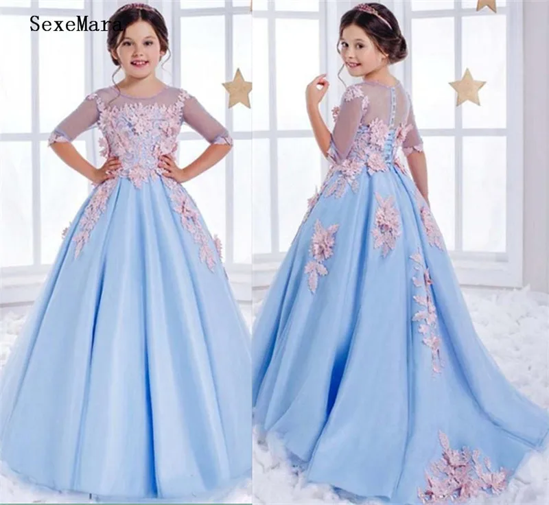 

Sweet Girls Pageant Gown Half Sleeves Light Blue Open Back Scoop Sweep Train Flower Girl Dresses For Weddings