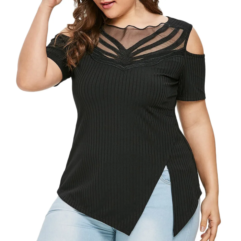 

Fashion Womens Casual Plus Size Cold Shoulder Ribbed Split T-shirt Tops Off-shoulder split top T-shirt