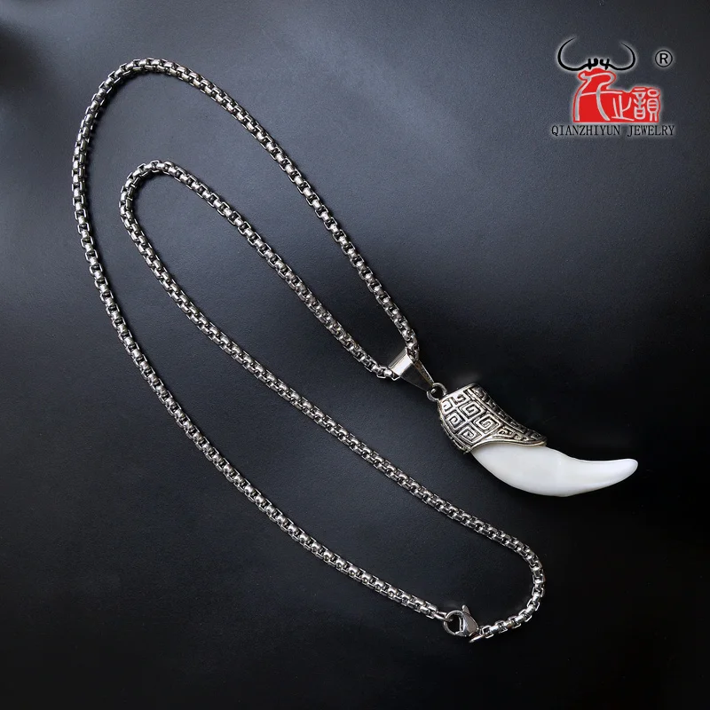 Мужское ожерелье с костями из нержавеющей стали, тибетский амулет, клыки, настоящий натуральный зуб, винтажная серебряная подвеска в виде зуба волка - Окраска металла: 03
