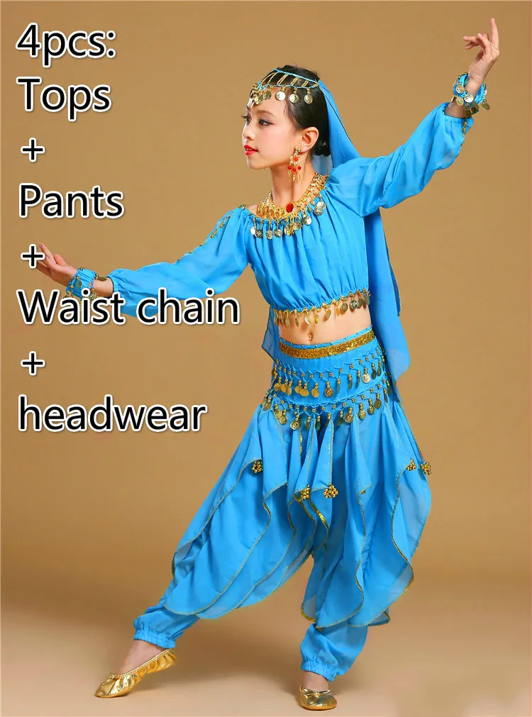 Новая детская одежда для индийских танцев платье для выступлений танец живота Национальный Болливуд танцевальные костюмы для девочек Одежда для танца живота комплект одежды - Цвет: 4pcs light blue