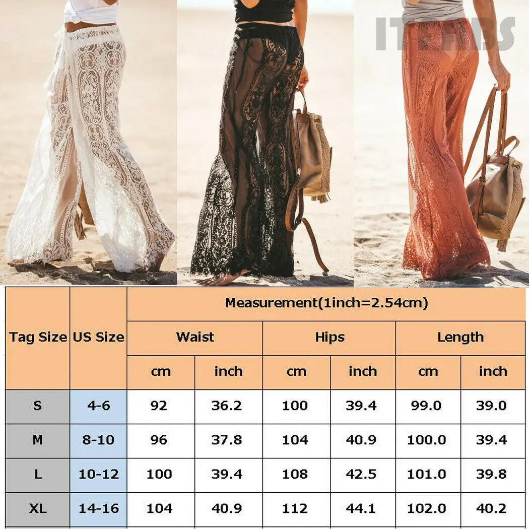 New Women's Ladies Sexy Floral Lace Pants Beach Bikini Cover Up Trousers Chiffon See-Through Solid Swimming Costume