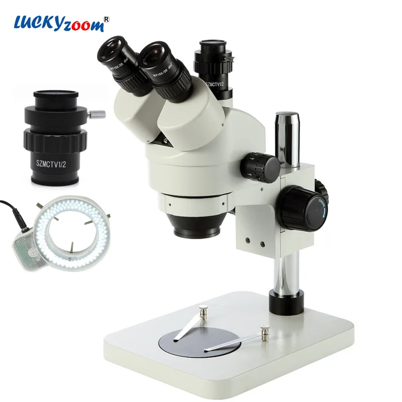 

Lucky Zoom 7X-45X Trinocular Microscope Stand Square 144 LED Ring Light 1/2 CTV Stereo Microscope Camera Adapter Free Shipping