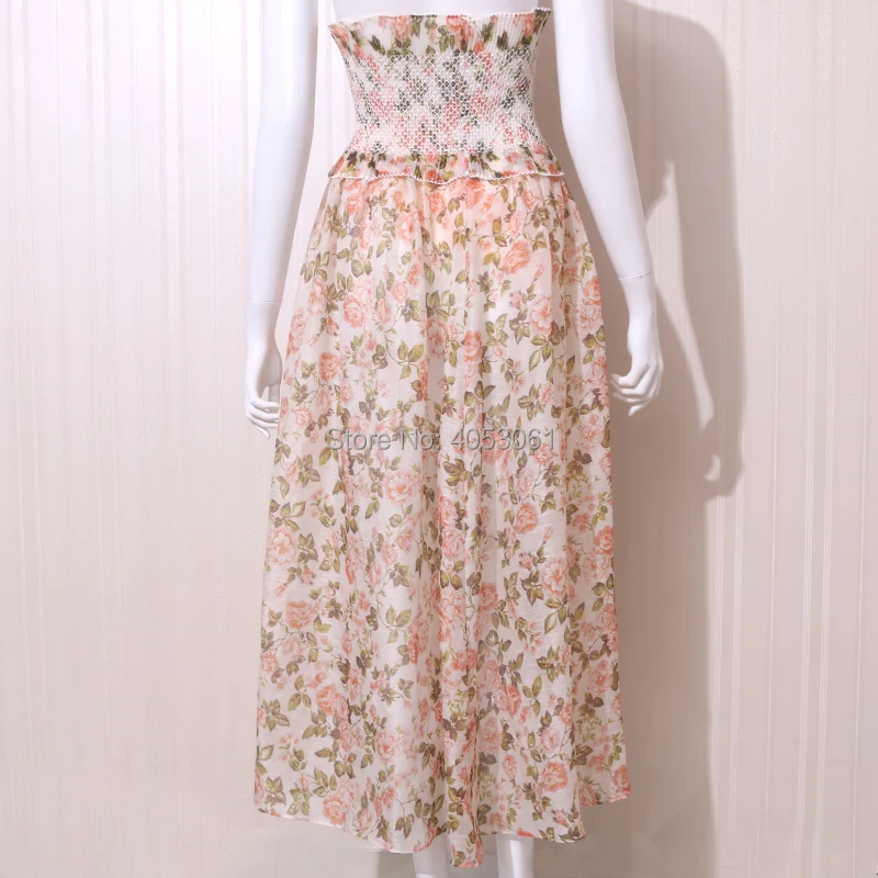 

2018 Woman Fashion New Floral Print RADIATE SMOCKED Long SKIRT Elastic High Waisted with Frills Silk Linen Skirts