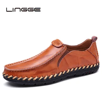 

LINGGE Genuine Leather Men Casual Shoes Brand 2019 Mens Loafers Moccasins Breathable Slip on Black Driving Shoes