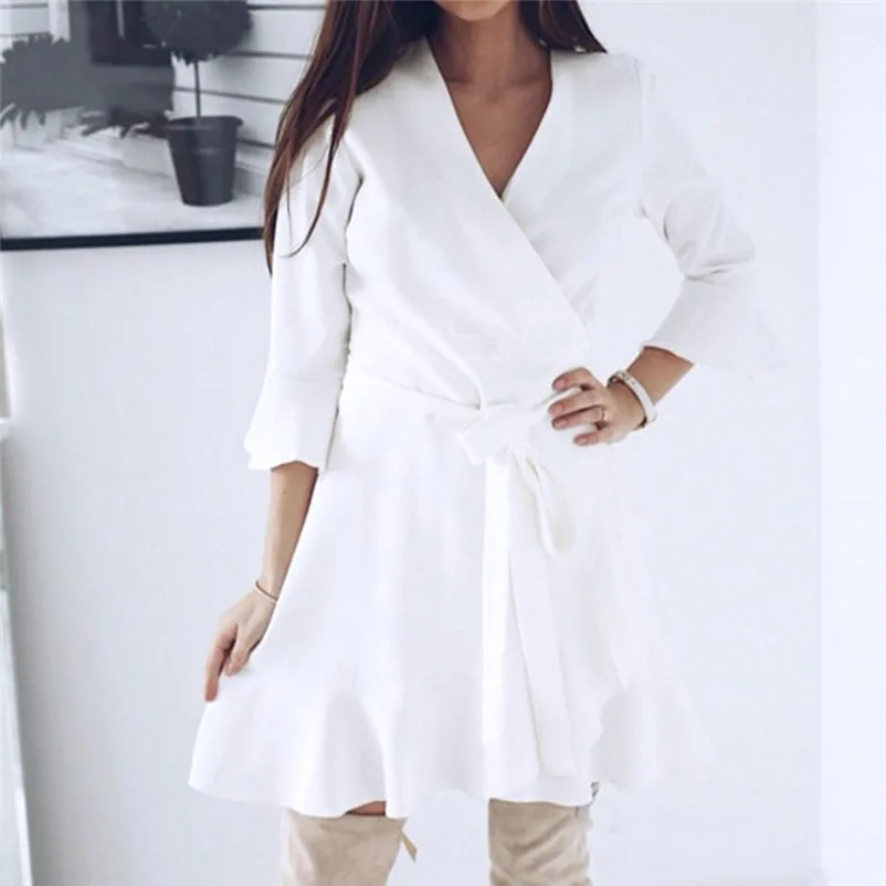 Fashion dress women Autumn Winter 2018 Ladies elegant Long Slevel V Neck Lace Up Mini Dress Party Boho Dress vestido O04#N (5)