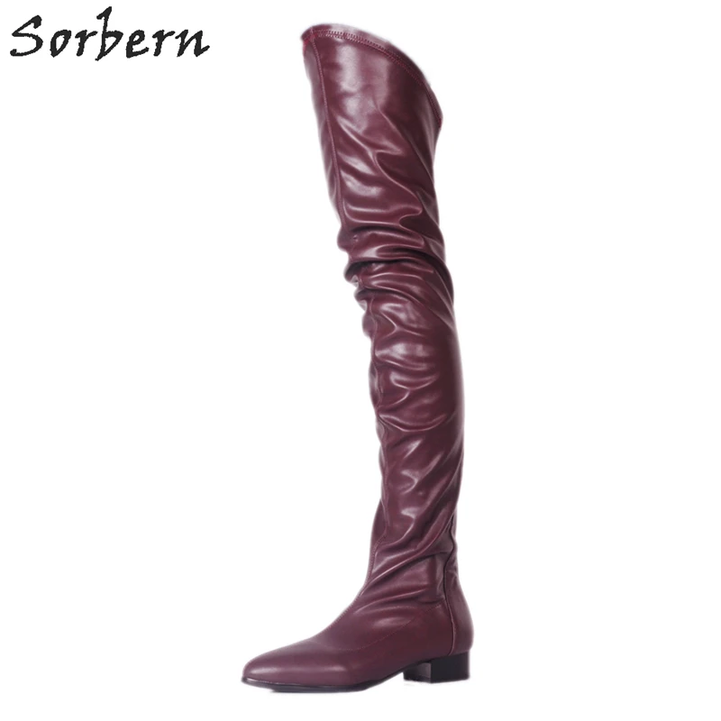 Sorbern Wine Red Zapatos De Mujer Europeos Flat Heels Over The Knee Boots Round Toe Womens Shoes Size 10 Booties Womens Shoes