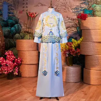 

Blue Vintage Button Male Costume Wedding Classic Bridegroom Embroidery Dragon&phoenix Cheongsam Novelty Long Robe Gown Qipao