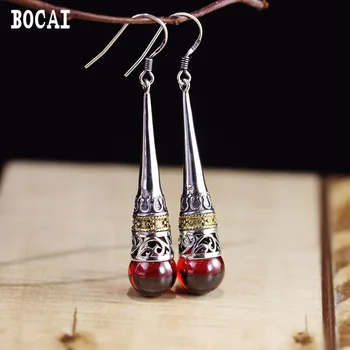 

S925 sterling silver earrings long section garnet red ladies earrings Thai silver handmade new products
