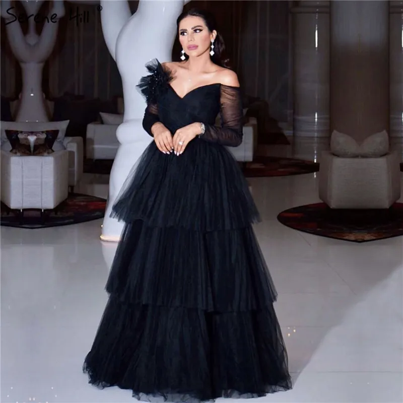 Черный Многоуровневое платье с открытыми плечами пикантные вечерние платья ; новейший дизайн; одежда с длинным рукавом платье трапециевидной формы вечерние платья Serene Hill LA70065 - Цвет: black
