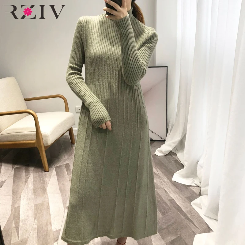 Online RZIV 2019 winter frauen lange kleid lässig einfarbig hochgeschlossenen langen ärmeln gestrickt kleid