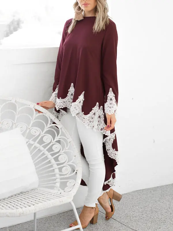 VESTLINDA Lace Insert Long Sleeve Blouse High Low Hem Loose Long Blusas Feminina Autumn Casual Clothes Womens Tops and Blouses 6