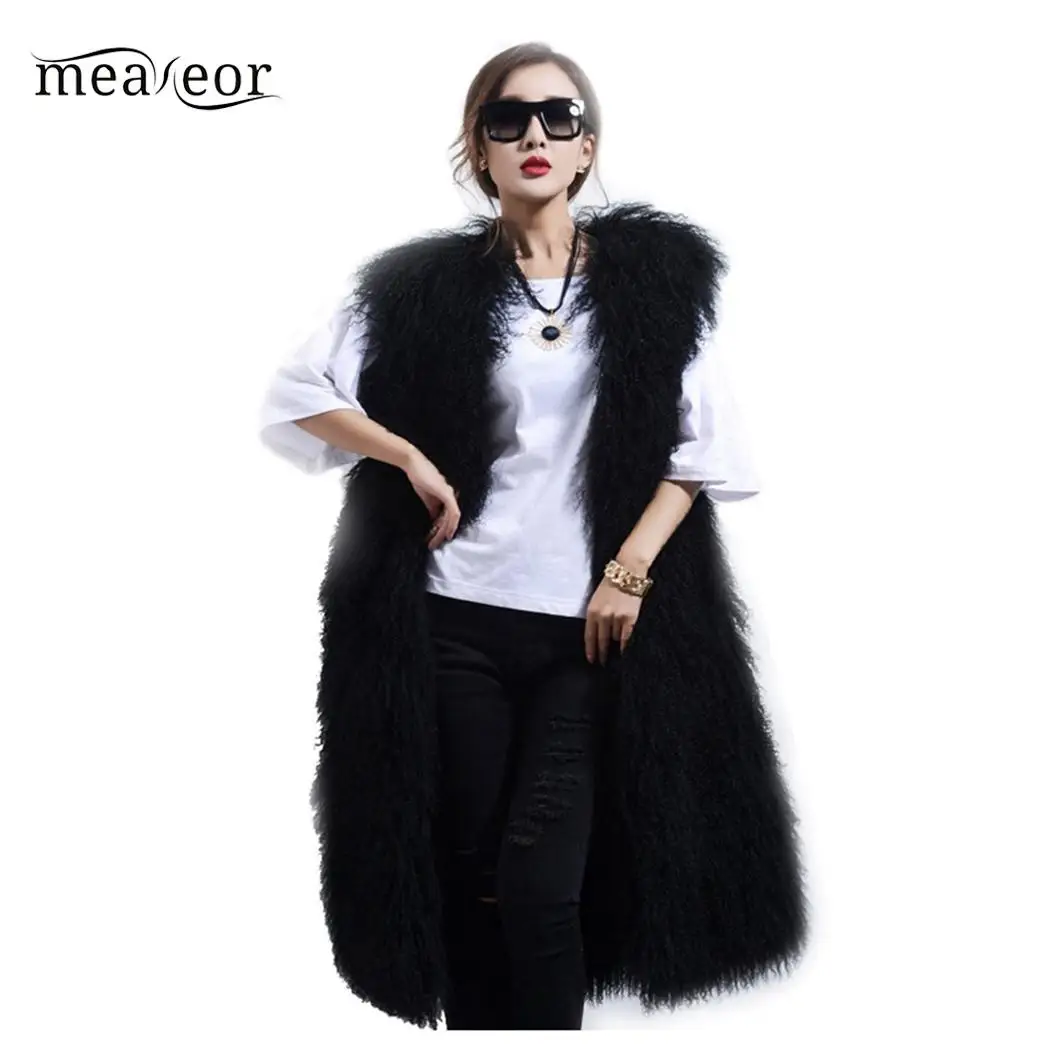 Meaneor Winter Warm Women Coats Casual Faux Fur Vest Sleeveless Cardigan Thick Winter Coat Solid Asymmetrical Overcoat Vests - Цвет: Black